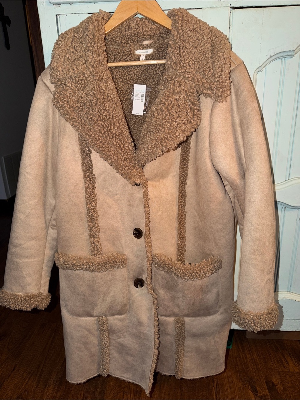 NWT Maurices Tan Faux Shearling Suede Trench Coat with Plush Sherpa Trim Boho